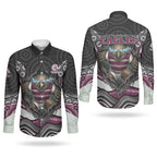Manly Warringah Sea Eagles Couples Matching Off Shoulder Short Dress and Long Sleeve Button Shirt The Scream of Lightning Eyes - Indigenous Dot Ripping Effect