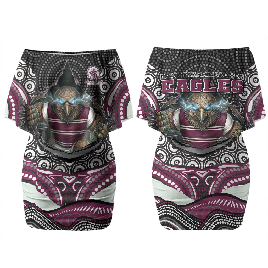 Manly Warringah Sea Eagles Couples Matching Off Shoulder Short Dress and Long Sleeve Button Shirt The Scream of Lightning Eyes - Indigenous Dot Ripping Effect