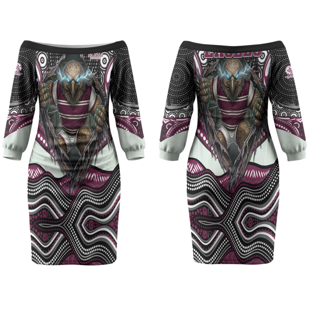 Manly Warringah Sea Eagles Couples Matching Off The Shoulder Long Sleeve Dress and Hawaiian Shirt The Scream of Lightning Eyes - Indigenous Dot Ripping Effect