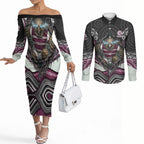 Manly Warringah Sea Eagles Couples Matching Off The Shoulder Long Sleeve Dress and Long Sleeve Button Shirt The Scream of Lightning Eyes - Indigenous Dot Ripping Effect