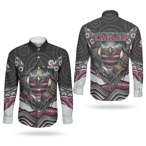 Manly Warringah Sea Eagles Couples Matching Off The Shoulder Long Sleeve Dress and Long Sleeve Button Shirt The Scream of Lightning Eyes - Indigenous Dot Ripping Effect