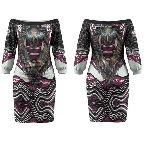 Manly Warringah Sea Eagles Couples Matching Off The Shoulder Long Sleeve Dress and Long Sleeve Button Shirt The Scream of Lightning Eyes - Indigenous Dot Ripping Effect