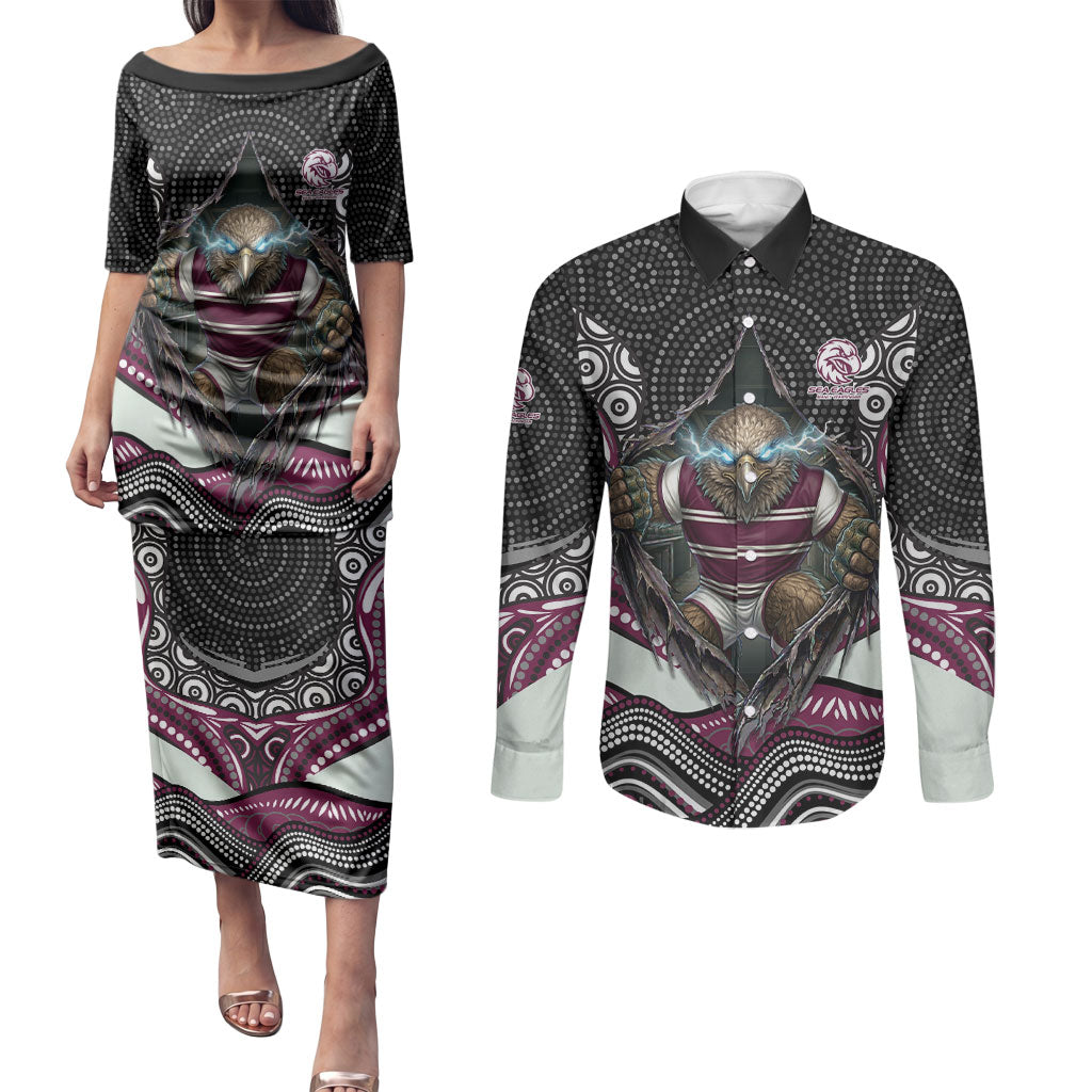 Manly Warringah Sea Eagles Couples Matching Puletasi and Long Sleeve Button Shirt The Scream of Lightning Eyes - Indigenous Dot Ripping Effect