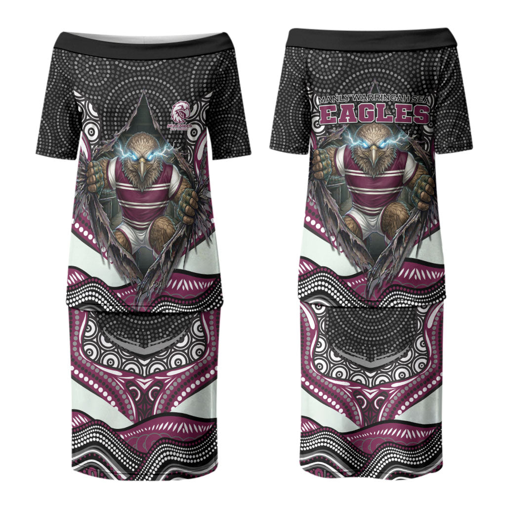 Manly Warringah Sea Eagles Couples Matching Puletasi and Long Sleeve Button Shirt The Scream of Lightning Eyes - Indigenous Dot Ripping Effect
