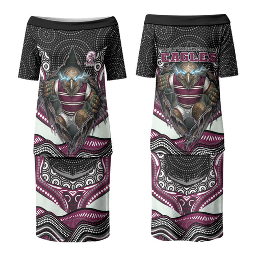 Manly Warringah Sea Eagles Couples Matching Puletasi and Long Sleeve Button Shirt The Scream of Lightning Eyes - Indigenous Dot Ripping Effect