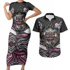 Manly Warringah Sea Eagles Couples Matching Short Sleeve Bodycon Dress and Hawaiian Shirt The Scream of Lightning Eyes - Indigenous Dot Ripping Effect