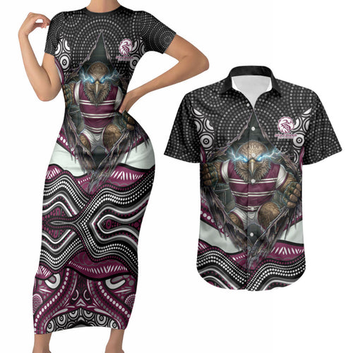 Manly Warringah Sea Eagles Couples Matching Short Sleeve Bodycon Dress and Hawaiian Shirt The Scream of Lightning Eyes - Indigenous Dot Ripping Effect