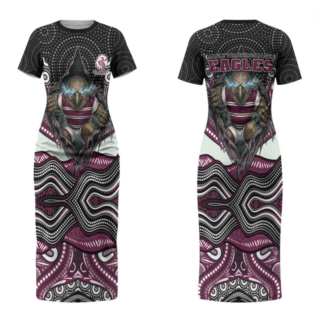 Manly Warringah Sea Eagles Couples Matching Short Sleeve Bodycon Dress and Hawaiian Shirt The Scream of Lightning Eyes - Indigenous Dot Ripping Effect