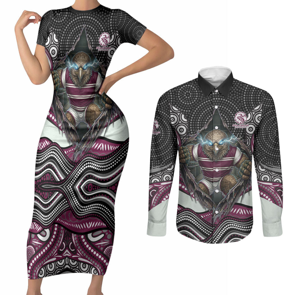 Manly Warringah Sea Eagles Couples Matching Short Sleeve Bodycon Dress and Long Sleeve Button Shirt The Scream of Lightning Eyes - Indigenous Dot Ripping Effect