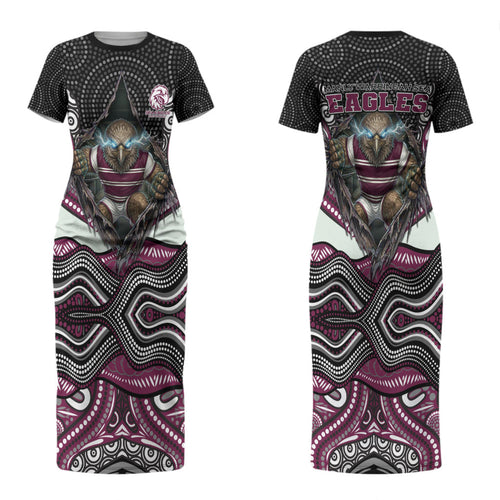 Manly Warringah Sea Eagles Couples Matching Short Sleeve Bodycon Dress and Long Sleeve Button Shirt The Scream of Lightning Eyes - Indigenous Dot Ripping Effect