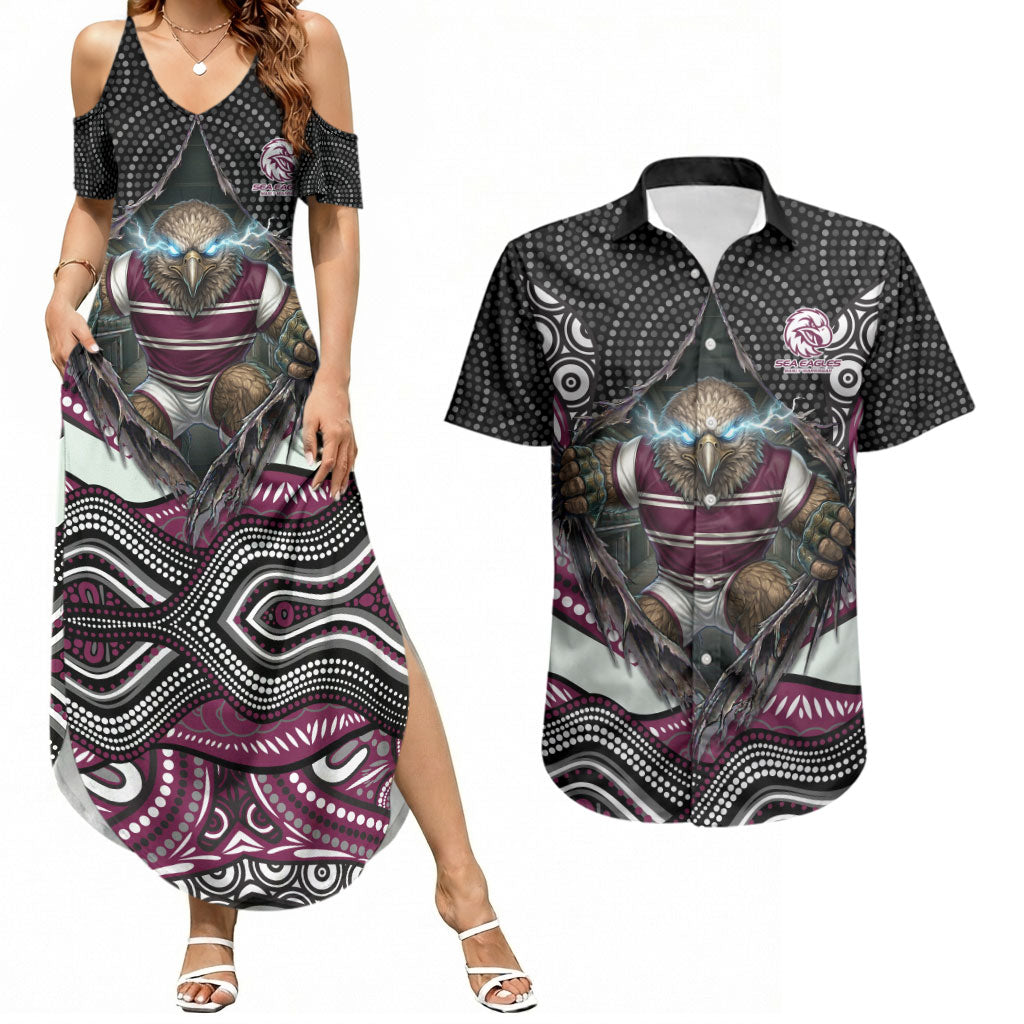 Manly Warringah Sea Eagles Couples Matching Summer Maxi Dress and Hawaiian Shirt The Scream of Lightning Eyes - Indigenous Dot Ripping Effect
