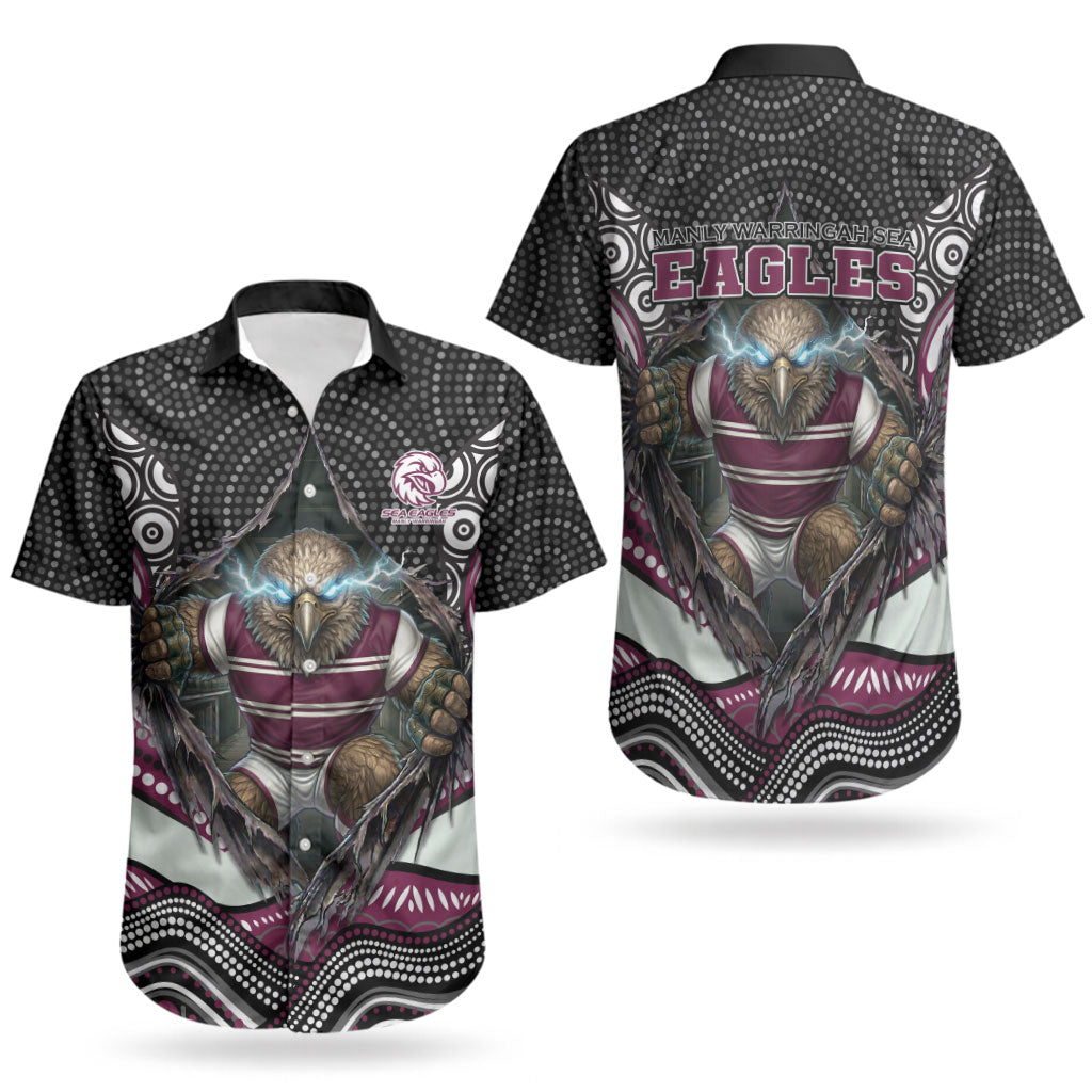 Manly Warringah Sea Eagles Couples Matching Summer Maxi Dress and Hawaiian Shirt The Scream of Lightning Eyes - Indigenous Dot Ripping Effect