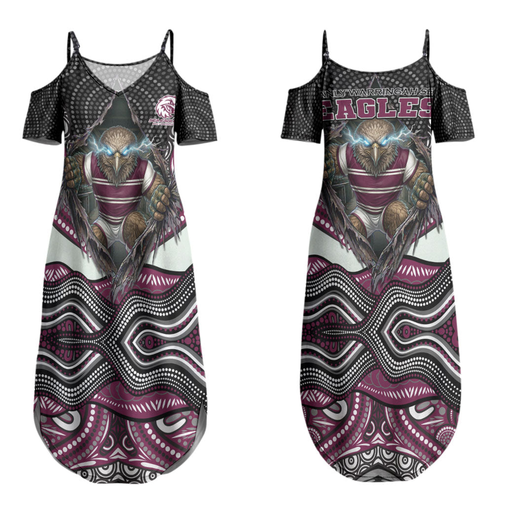 Manly Warringah Sea Eagles Couples Matching Summer Maxi Dress and Long Sleeve Button Shirt The Scream of Lightning Eyes - Indigenous Dot Ripping Effect