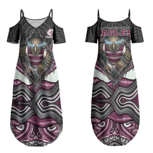 Manly Warringah Sea Eagles Couples Matching Summer Maxi Dress and Long Sleeve Button Shirt The Scream of Lightning Eyes - Indigenous Dot Ripping Effect