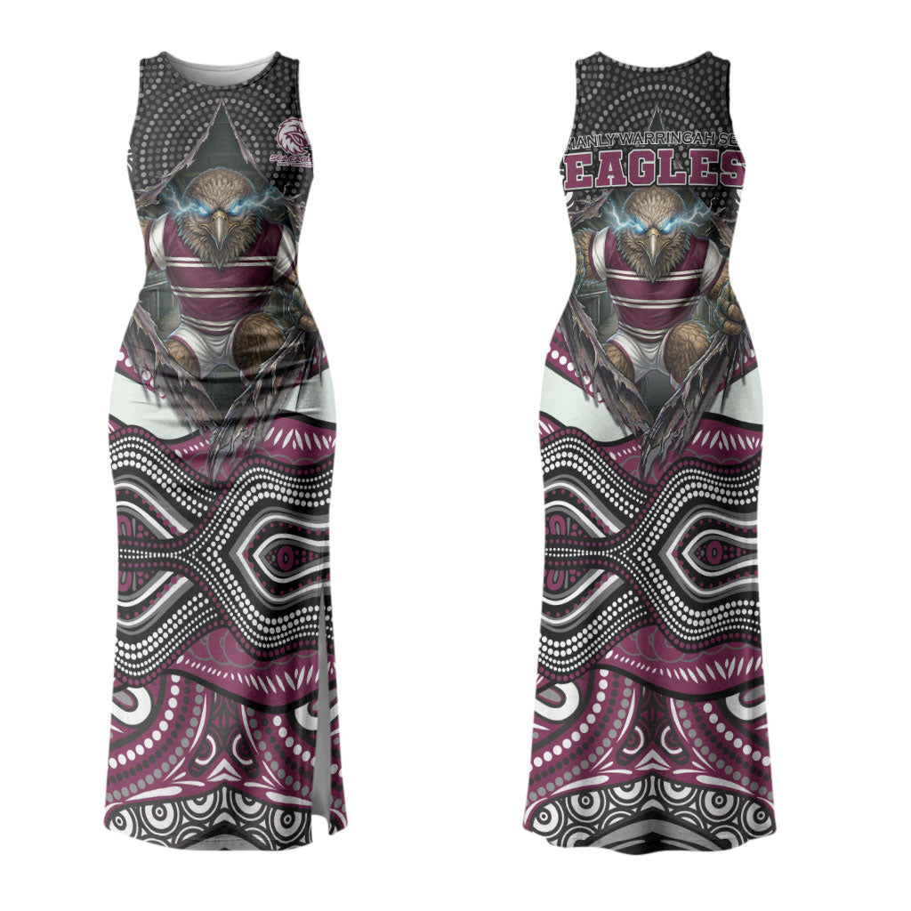 Manly Warringah Sea Eagles Couples Matching Tank Maxi Dress and Hawaiian Shirt The Scream of Lightning Eyes - Indigenous Dot Ripping Effect