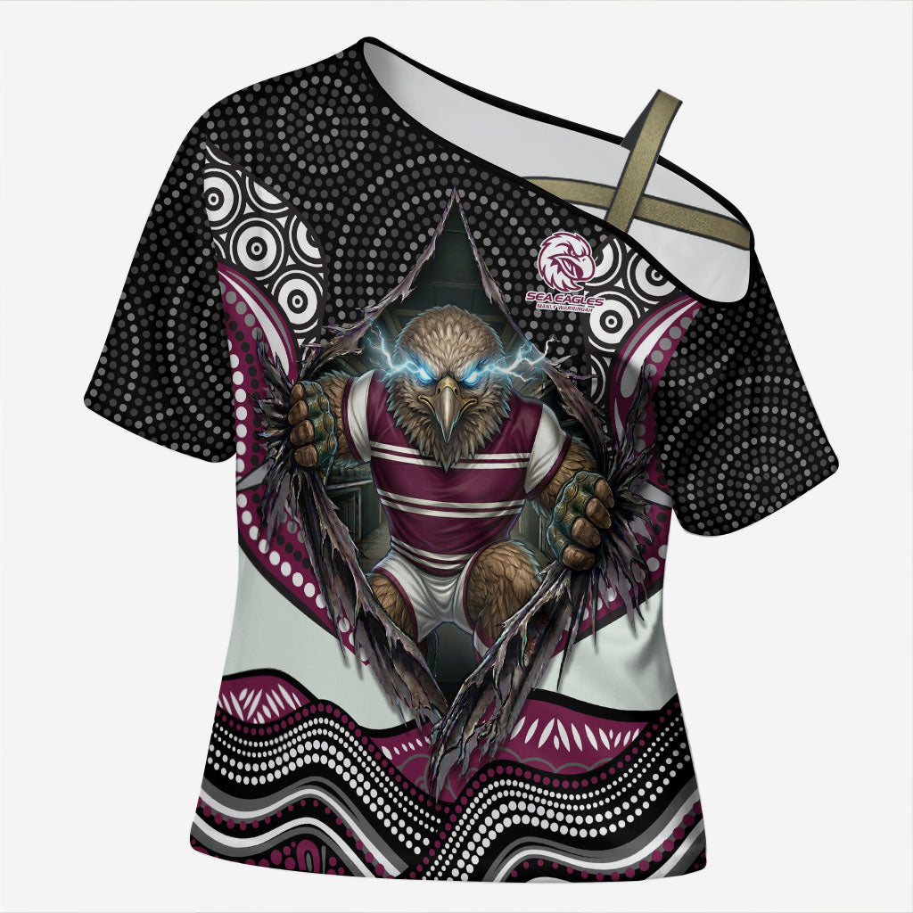 Manly Warringah Sea Eagles Cross Shoulder Shirt The Scream of Lightning Eyes - Indigenous Dot Ripping Effect