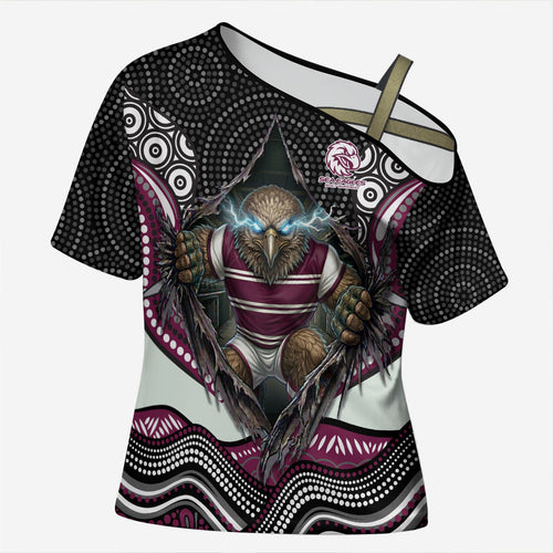 Manly Warringah Sea Eagles Cross Shoulder Shirt The Scream of Lightning Eyes - Indigenous Dot Ripping Effect