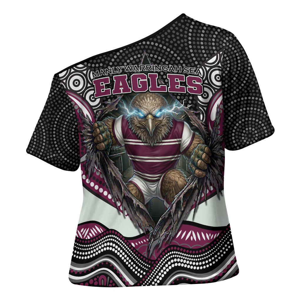 Manly Warringah Sea Eagles Cross Shoulder Shirt The Scream of Lightning Eyes - Indigenous Dot Ripping Effect