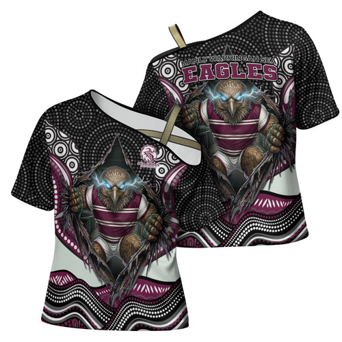 Manly Warringah Sea Eagles Cross Shoulder Shirt The Scream of Lightning Eyes - Indigenous Dot Ripping Effect
