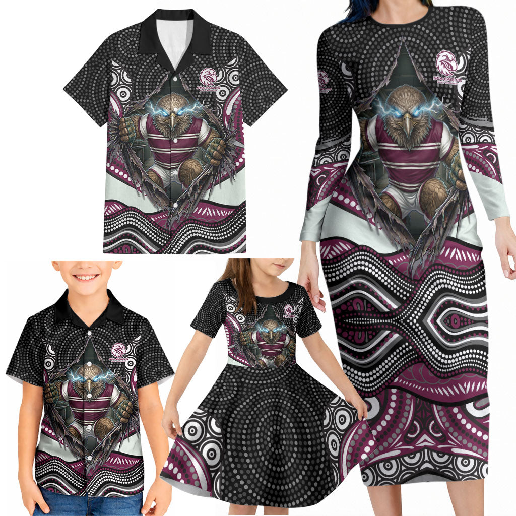 Manly Warringah Sea Eagles Family Matching Long Sleeve Bodycon Dress and Hawaiian Shirt The Scream of Lightning Eyes - Indigenous Dot Ripping Effect