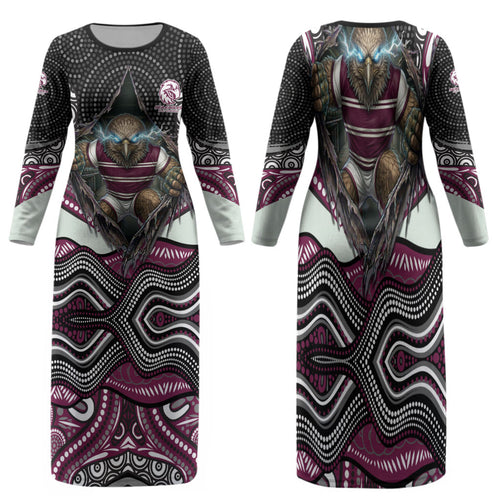 Manly Warringah Sea Eagles Family Matching Long Sleeve Bodycon Dress and Hawaiian Shirt The Scream of Lightning Eyes - Indigenous Dot Ripping Effect