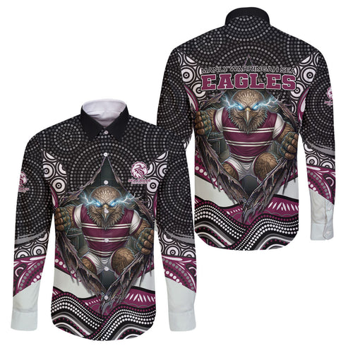 Manly Warringah Sea Eagles Family Matching Long Sleeve Bodycon Dress and Hawaiian Shirt The Scream of Lightning Eyes - Indigenous Dot Ripping Effect