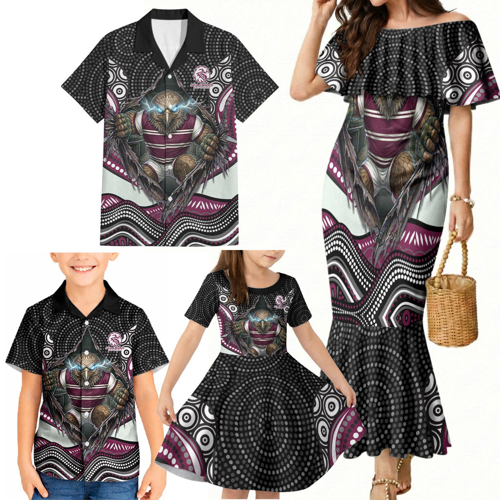Manly Warringah Sea Eagles Family Matching Mermaid Dress and Hawaiian Shirt The Scream of Lightning Eyes - Indigenous Dot Ripping Effect