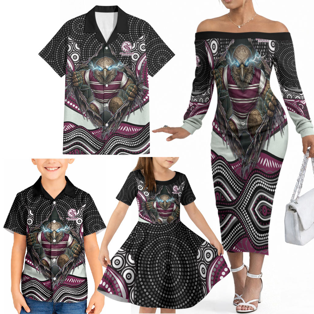 Manly Warringah Sea Eagles Family Matching Off The Shoulder Long Sleeve Dress and Hawaiian Shirt The Scream of Lightning Eyes - Indigenous Dot Ripping Effect
