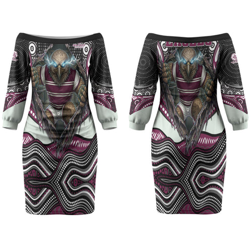 Manly Warringah Sea Eagles Family Matching Off The Shoulder Long Sleeve Dress and Hawaiian Shirt The Scream of Lightning Eyes - Indigenous Dot Ripping Effect