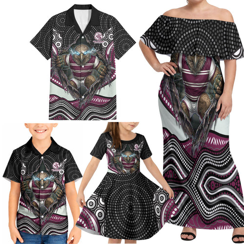 Manly Warringah Sea Eagles Family Matching Off Shoulder Maxi Dress and Hawaiian Shirt The Scream of Lightning Eyes - Indigenous Dot Ripping Effect
