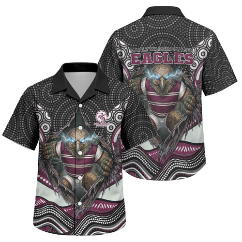 Manly Warringah Sea Eagles Family Matching Off Shoulder Maxi Dress and Hawaiian Shirt The Scream of Lightning Eyes - Indigenous Dot Ripping Effect