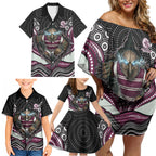 Manly Warringah Sea Eagles Family Matching Off Shoulder Short Dress and Hawaiian Shirt The Scream of Lightning Eyes - Indigenous Dot Ripping Effect