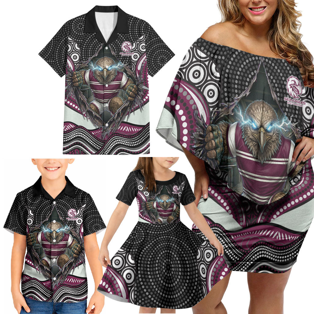 Manly Warringah Sea Eagles Family Matching Off Shoulder Short Dress and Hawaiian Shirt The Scream of Lightning Eyes - Indigenous Dot Ripping Effect
