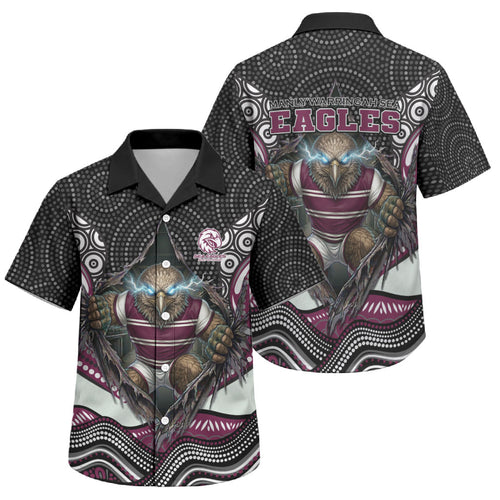 Manly Warringah Sea Eagles Family Matching Off Shoulder Short Dress and Hawaiian Shirt The Scream of Lightning Eyes - Indigenous Dot Ripping Effect