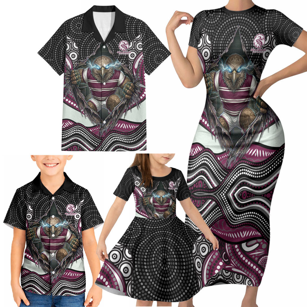 Manly Warringah Sea Eagles Family Matching Short Sleeve Bodycon Dress and Hawaiian Shirt The Scream of Lightning Eyes - Indigenous Dot Ripping Effect