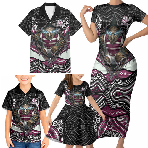 Manly Warringah Sea Eagles Family Matching Short Sleeve Bodycon Dress and Hawaiian Shirt The Scream of Lightning Eyes - Indigenous Dot Ripping Effect