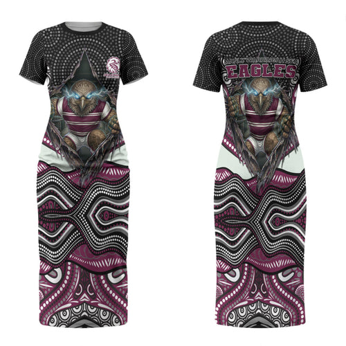 Manly Warringah Sea Eagles Family Matching Short Sleeve Bodycon Dress and Hawaiian Shirt The Scream of Lightning Eyes - Indigenous Dot Ripping Effect