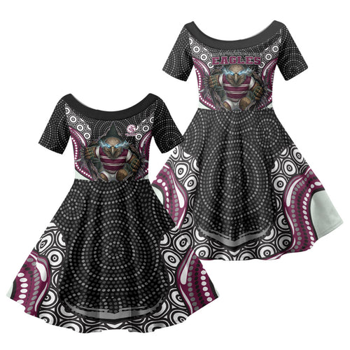 Manly Warringah Sea Eagles Family Matching Short Sleeve Bodycon Dress and Hawaiian Shirt The Scream of Lightning Eyes - Indigenous Dot Ripping Effect