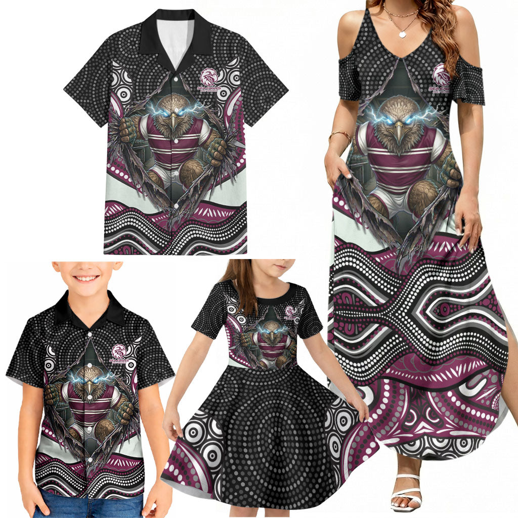 Manly Warringah Sea Eagles Family Matching Summer Maxi Dress and Hawaiian Shirt The Scream of Lightning Eyes - Indigenous Dot Ripping Effect