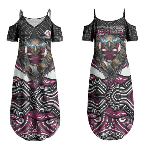Manly Warringah Sea Eagles Family Matching Summer Maxi Dress and Hawaiian Shirt The Scream of Lightning Eyes - Indigenous Dot Ripping Effect