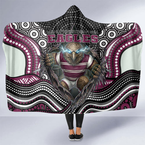 Manly Warringah Sea Eagles Hooded Blanket The Scream of Lightning Eyes - Indigenous Dot Ripping Effect
