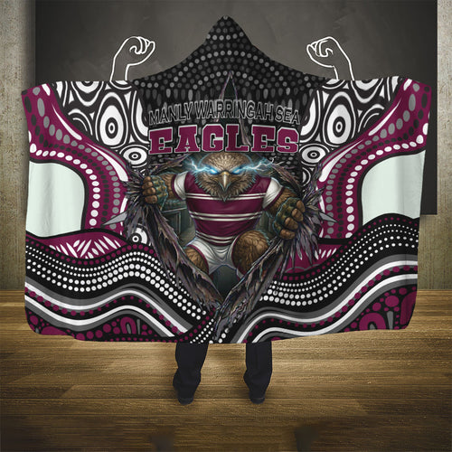 Manly Warringah Sea Eagles Hooded Blanket The Scream of Lightning Eyes - Indigenous Dot Ripping Effect