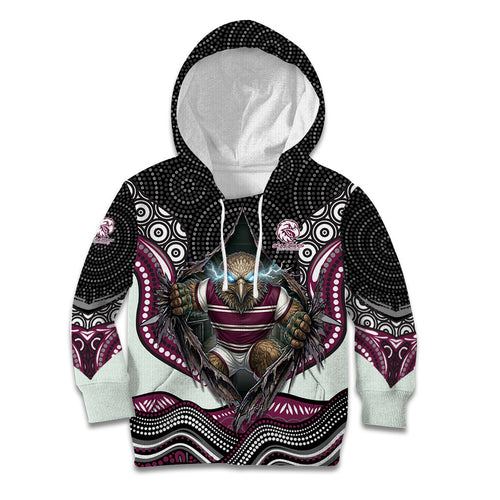 Manly Warringah Sea Eagles Kid Hoodie The Scream of Lightning Eyes - Indigenous Dot Ripping Effect