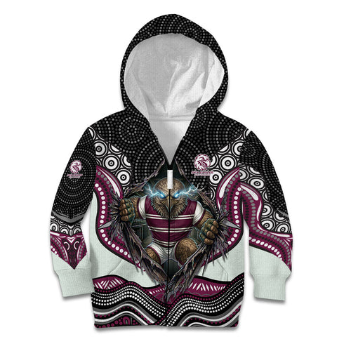 Manly Warringah Sea Eagles Kid Hoodie The Scream of Lightning Eyes - Indigenous Dot Ripping Effect