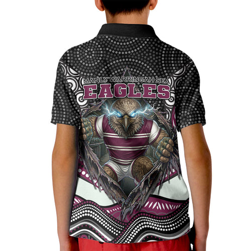 Manly Warringah Sea Eagles Kid Polo Shirt The Scream of Lightning Eyes - Indigenous Dot Ripping Effect
