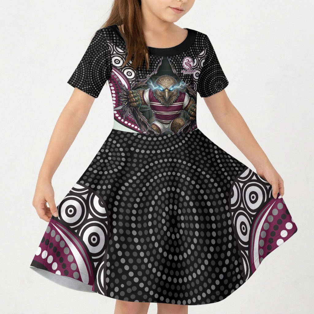 Manly Warringah Sea Eagles Kid Short Sleeve Dress The Scream of Lightning Eyes - Indigenous Dot Ripping Effect