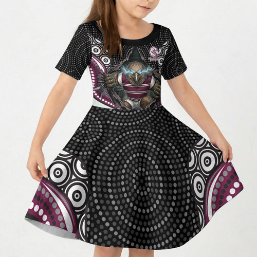 Manly Warringah Sea Eagles Kid Short Sleeve Dress The Scream of Lightning Eyes - Indigenous Dot Ripping Effect