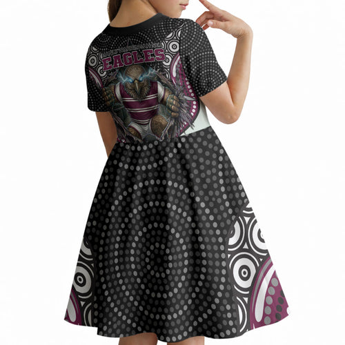 Manly Warringah Sea Eagles Kid Short Sleeve Dress The Scream of Lightning Eyes - Indigenous Dot Ripping Effect