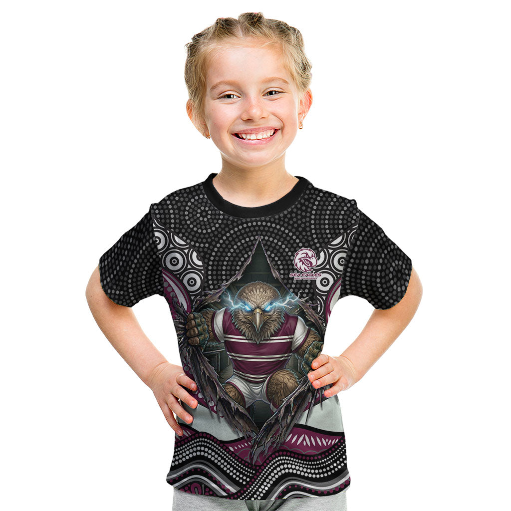 Manly Warringah Sea Eagles Kid T Shirt The Scream of Lightning Eyes - Indigenous Dot Ripping Effect