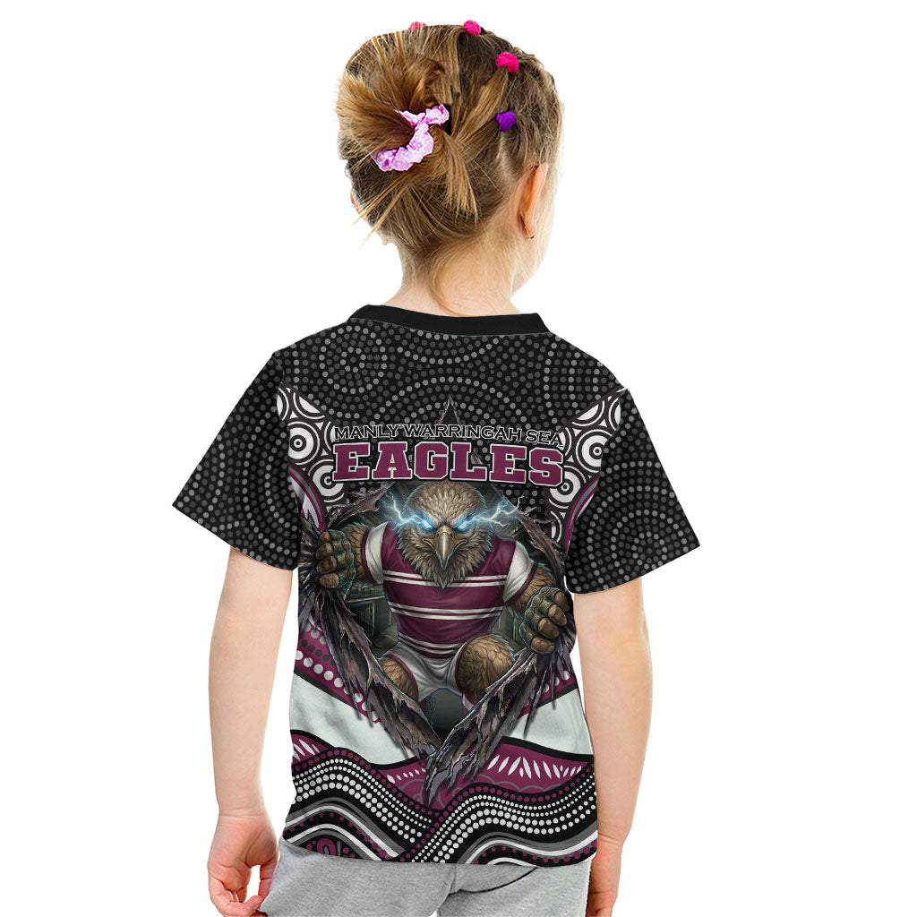 Manly Warringah Sea Eagles Kid T Shirt The Scream of Lightning Eyes - Indigenous Dot Ripping Effect